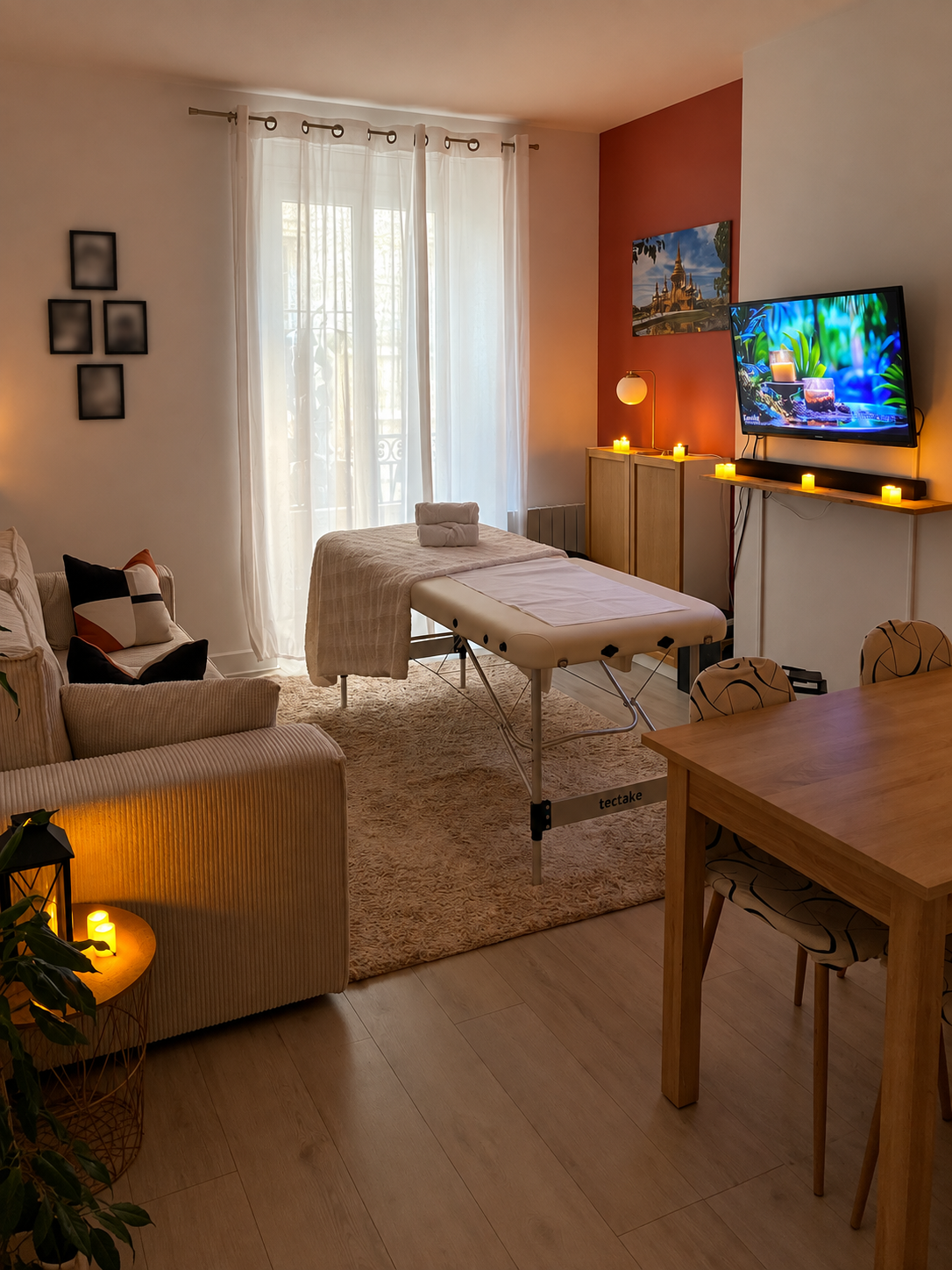 Espace intimiste avec table de massage, fauteuil et bougies